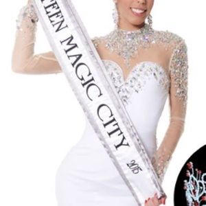 White bedazzled backless slit gown